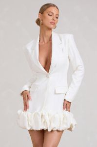 Cloud Catching | White Tailored Blazer Mini Dress With Ruffled Hem sold by Club L London