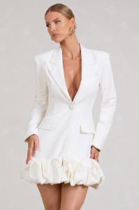 Cloud Catching | White Tailored Blazer Mini Dress With Ruffled Hem sold by Club L London