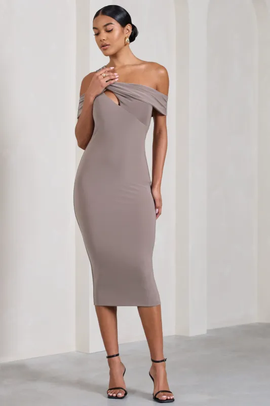 Chain Reaction | Mocha Strappy Asymmetric Bodycon Midi Dress sold by Club L London
