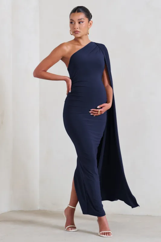 Amaryllis | Navy Maternity One Shoulder Maxi Dress with Cape Sleeve sold by Club L London