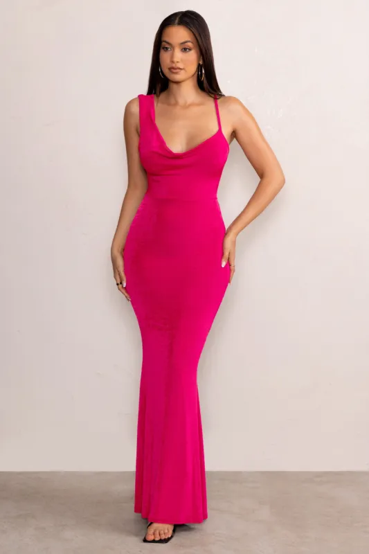 Phantasy | Hot Pink Asymmetric Neckline Cowl Maxi Dress sold by Club L London
