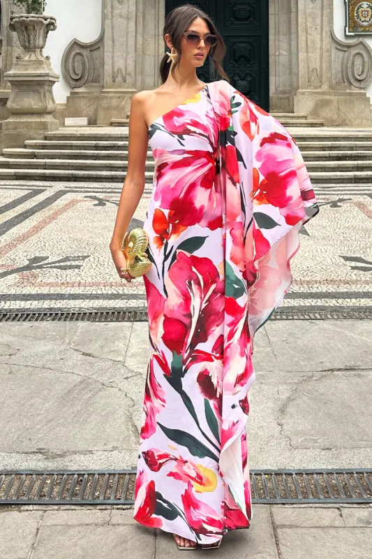 Sarita | Pink Floral Print One-Shoulder Cape Sleeve Maxi Dress made by Club L London