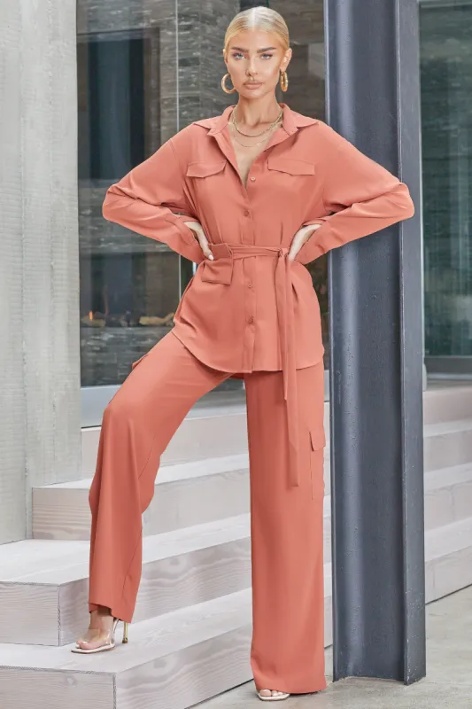Solar Flare | Terracotta Utility Wide Leg Trousers sold by Club L London