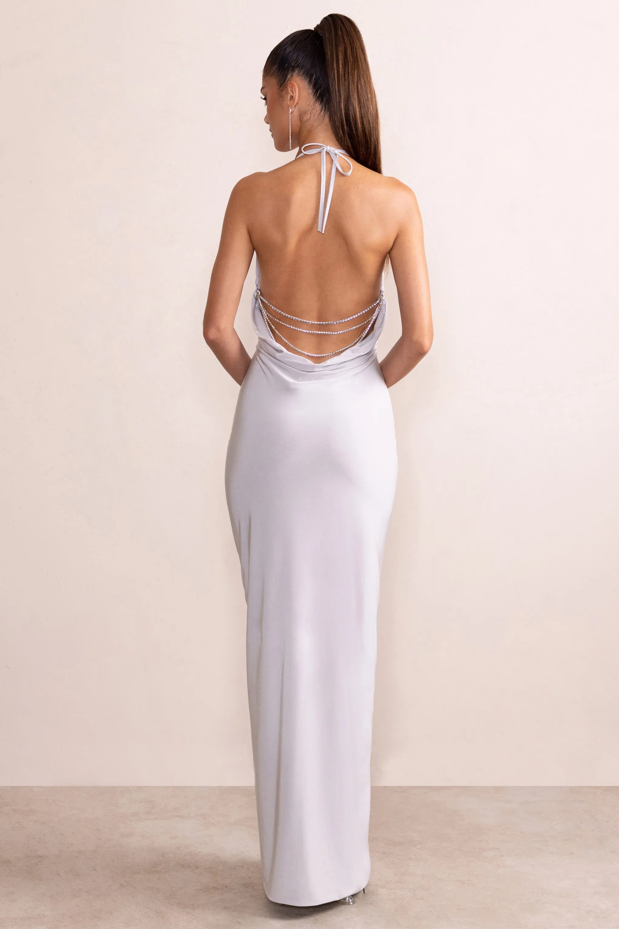 Amira | Silver Plunge Neck Cowl Back Maxi Dress With Diamante Trim sold by Club L London product image thumbnail 2