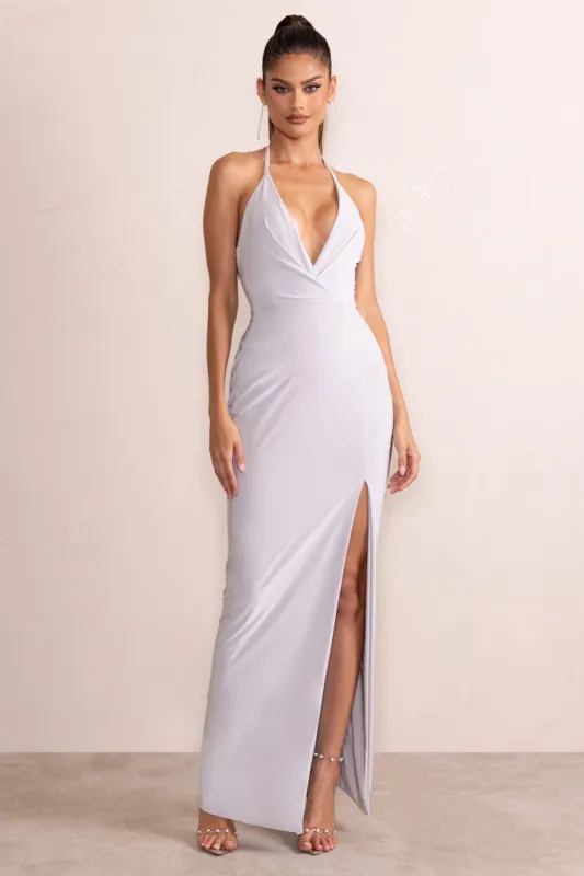 Amira | Silver Plunge Neck Cowl Back Maxi Dress With Diamante Trim sold by Club L London