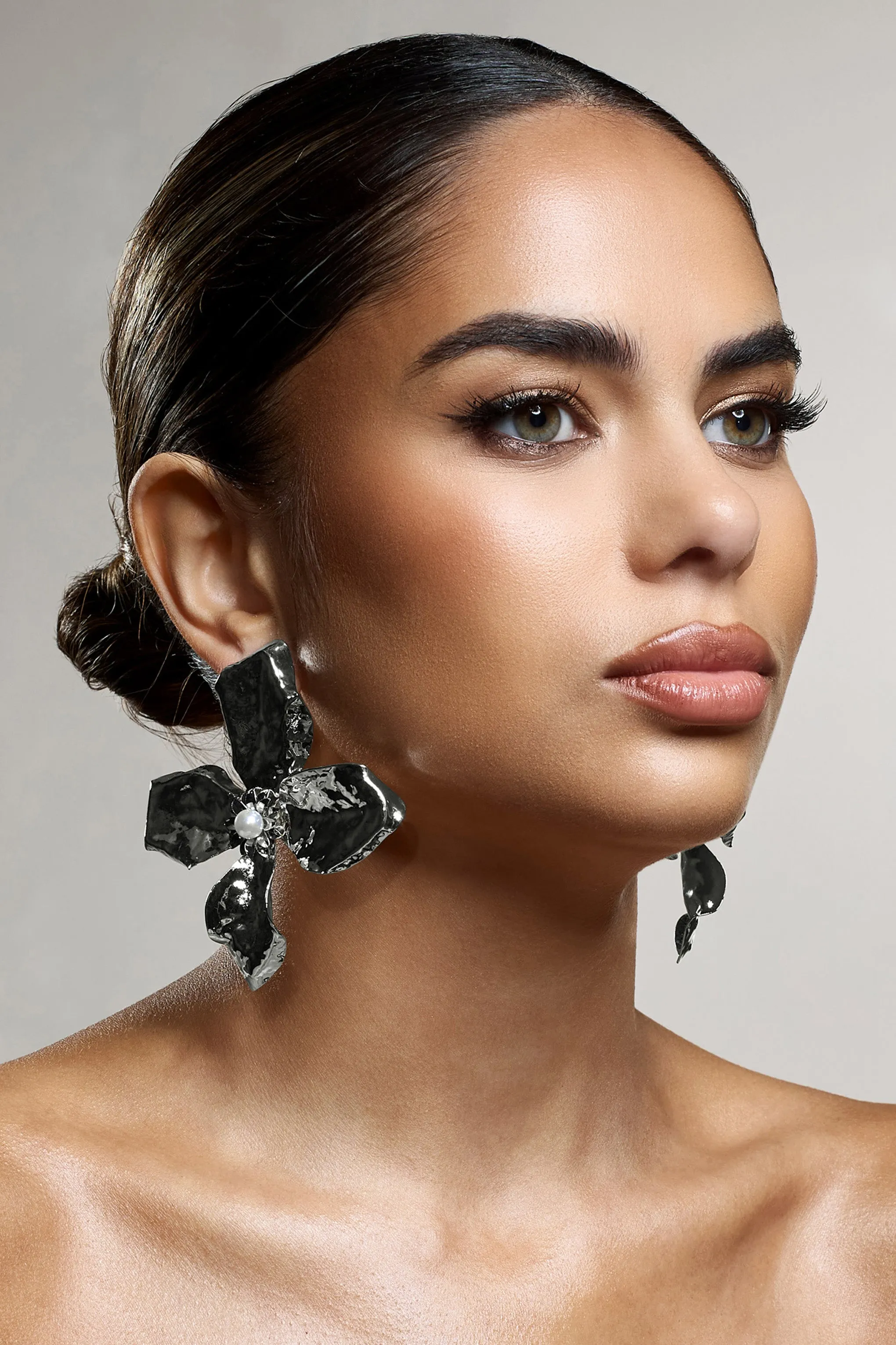Emry | Silver Pearl Statement Flower Earrings sold by Club L London