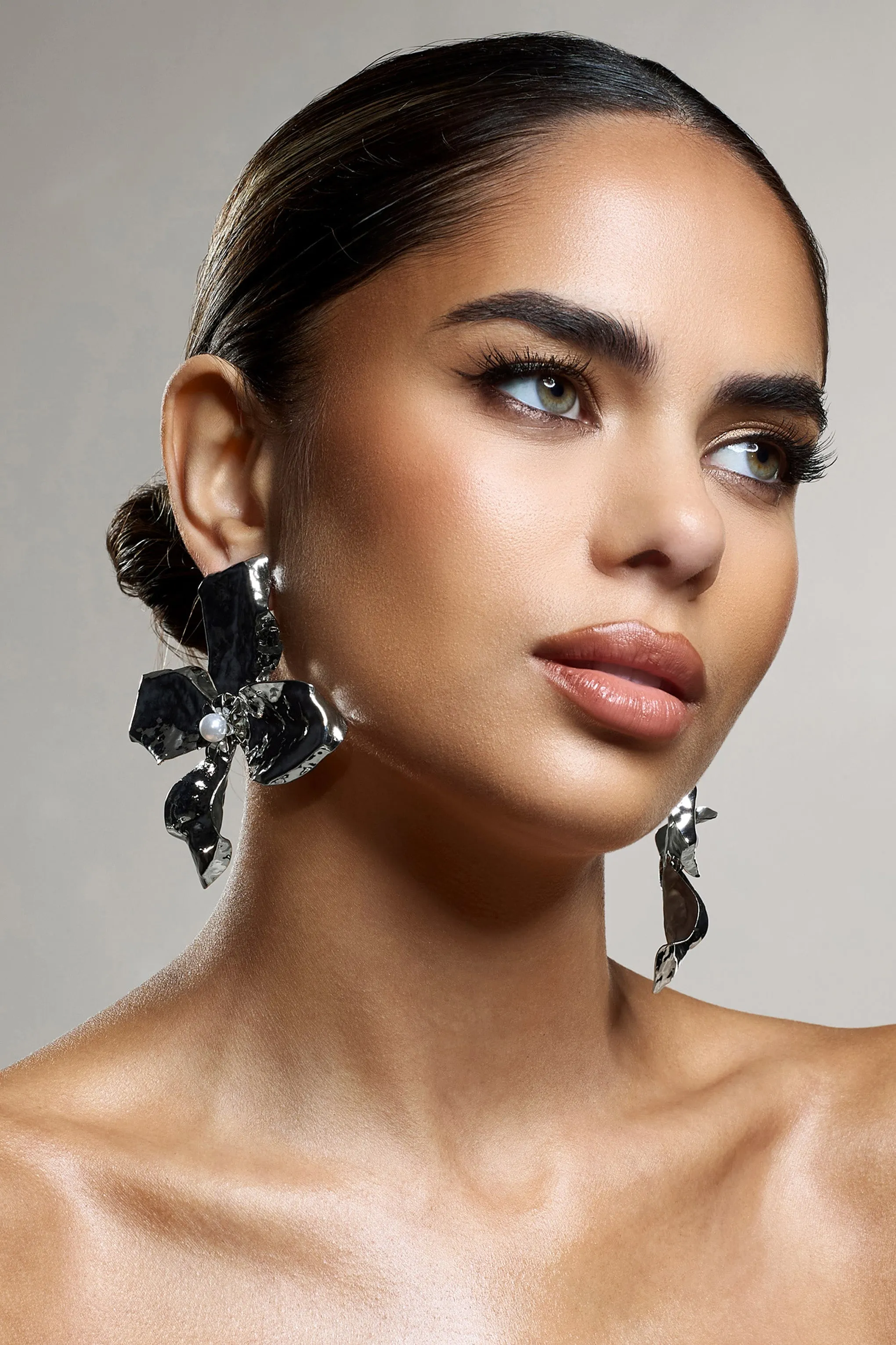 Emry | Silver Pearl Statement Flower Earrings sold by Club L London product image thumbnail 3