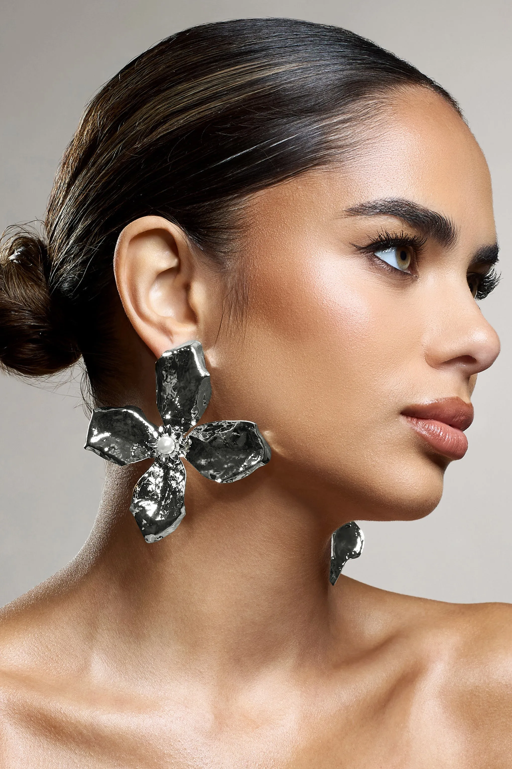 Emry | Silver Pearl Statement Flower Earrings sold by Club L London product image thumbnail 2