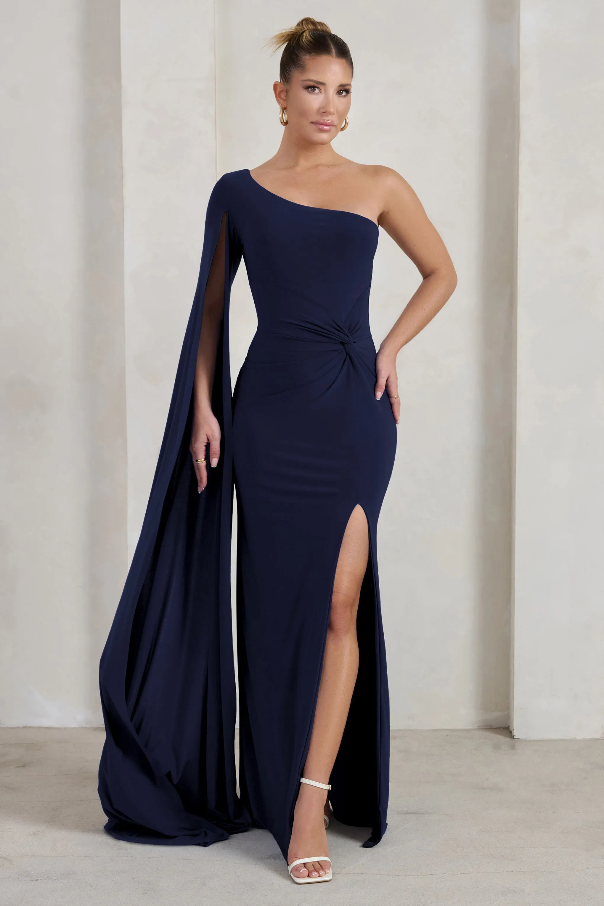 Romi | Navy One Shoulder Twist Design Maxi Dress sold by Club L London