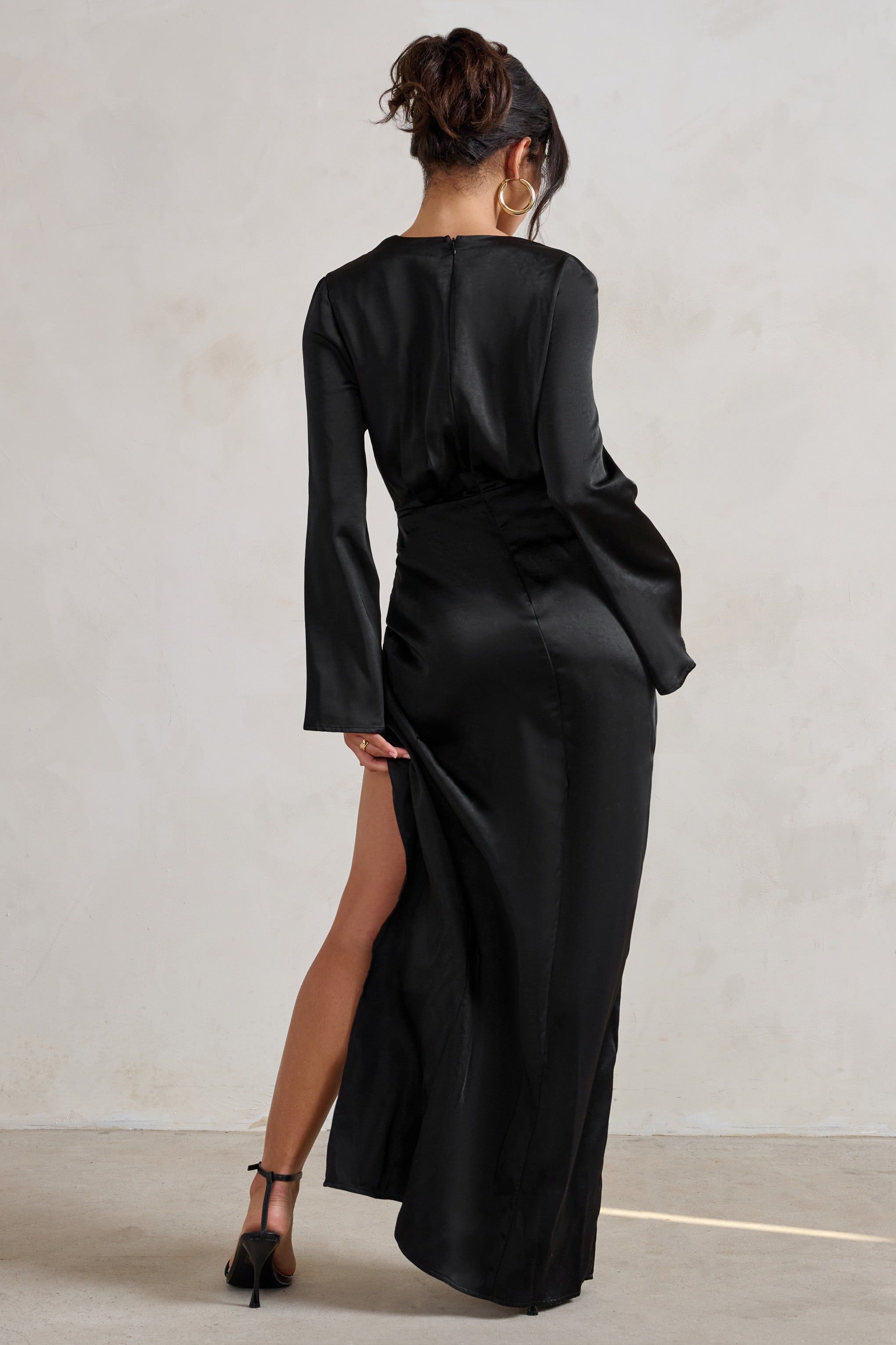 Patricia | Black Extreme Plunge Long Sleeve Maxi Dress With Tie Detail sold by Club L London product image thumbnail 2