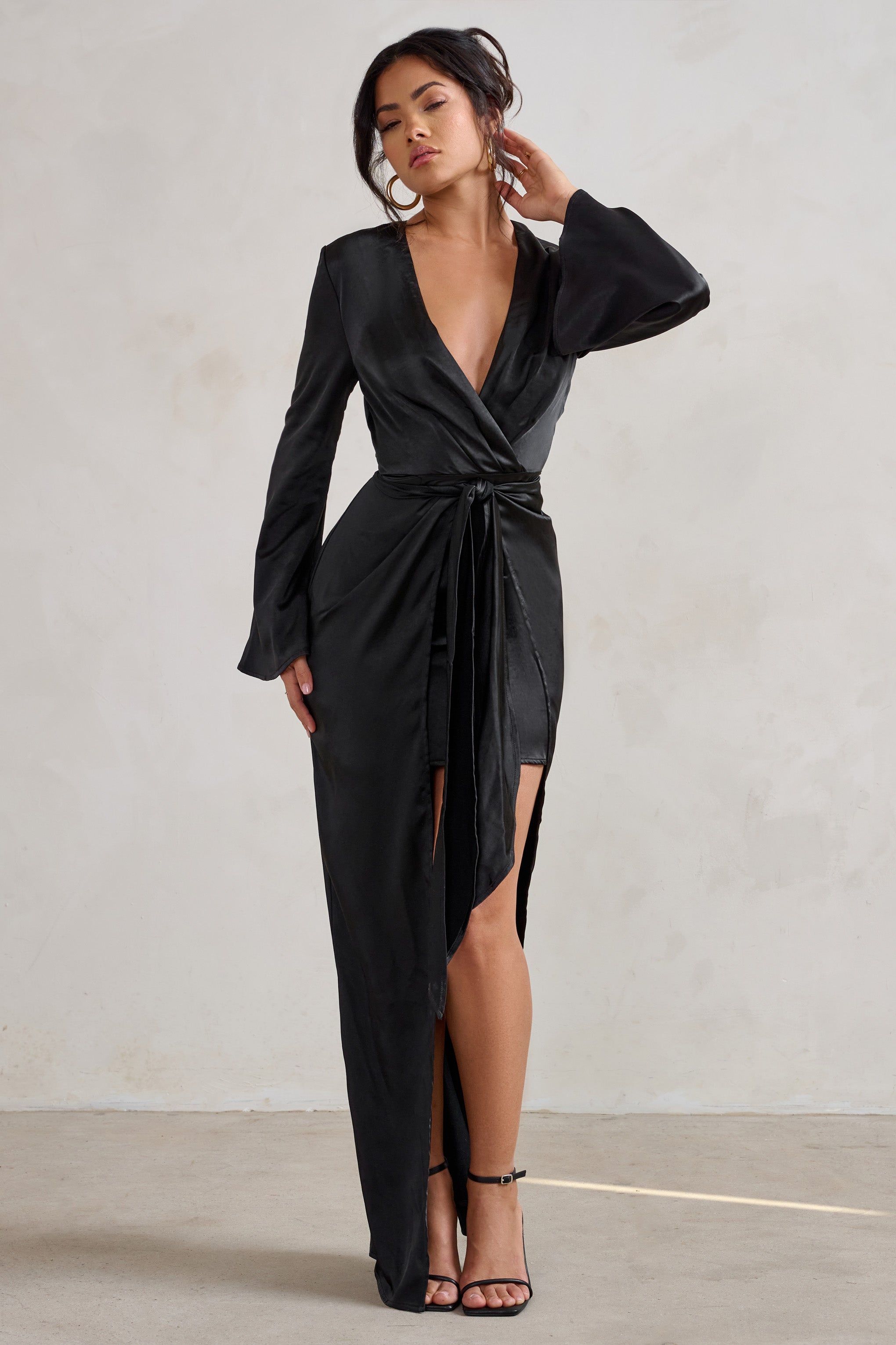 Patricia | Black Extreme Plunge Long Sleeve Maxi Dress With Tie Detail sold by Club L London