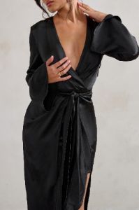 Patricia | Black Extreme Plunge Long Sleeve Maxi Dress With Tie Detail sold by Club L London