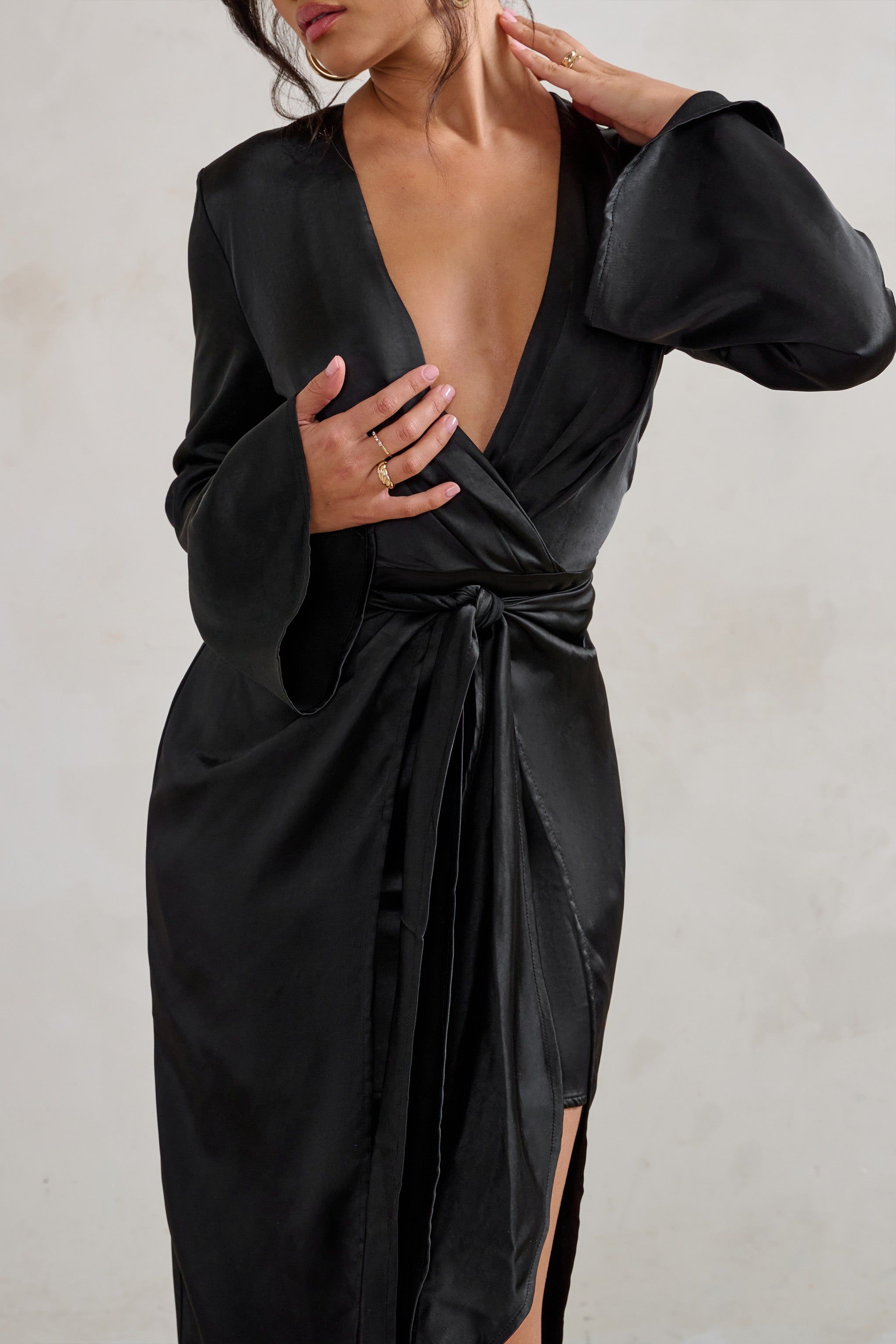 Patricia | Black Extreme Plunge Long Sleeve Maxi Dress With Tie Detail sold by Club L London product image thumbnail 3