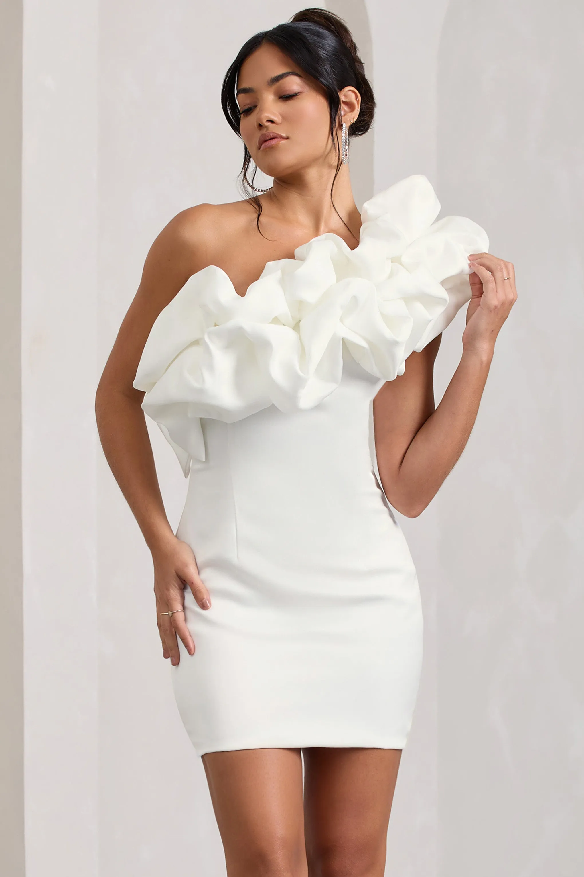 At The Opera | White Satin One Shoulder Ruffled Mini Dress sold by Club L London product image thumbnail 4