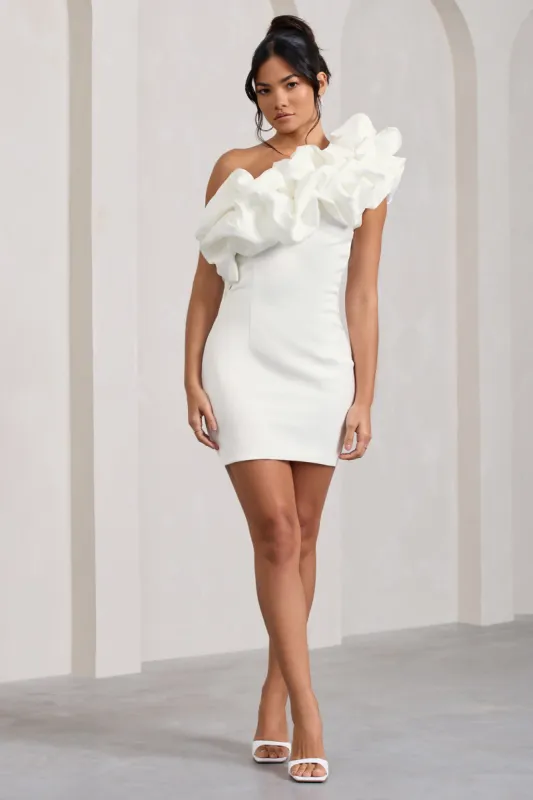 At The Opera | White Satin One Shoulder Ruffled Mini Dress sold by Club L London
