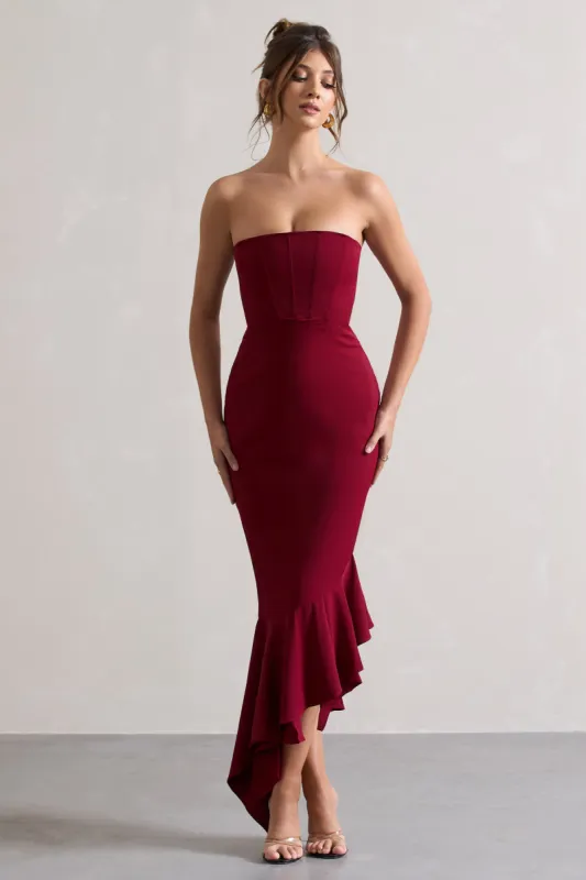 Sandy | Berry Strapless Corset Asymmetric Maxi Dress sold by Club L London