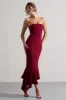 Sandy | Berry Strapless Corset Asymmetric Maxi Dress sold by Club L London