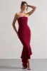 Sandy | Berry Strapless Corset Asymmetric Maxi Dress sold by Club L London