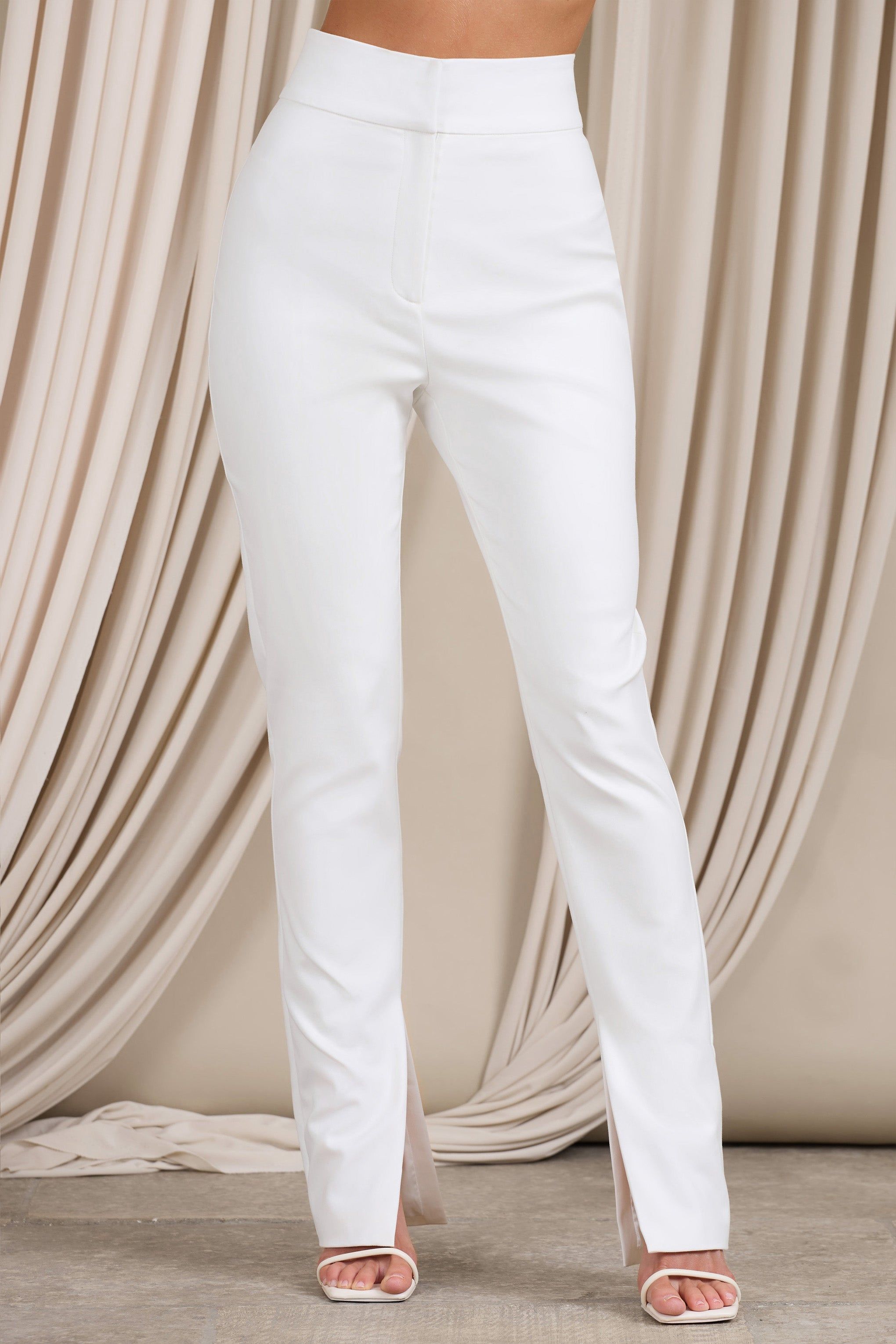 Addilyn | White Cotton-Blend Tailored Straight-Leg Split Trousers sold by Club L London product image thumbnail 3