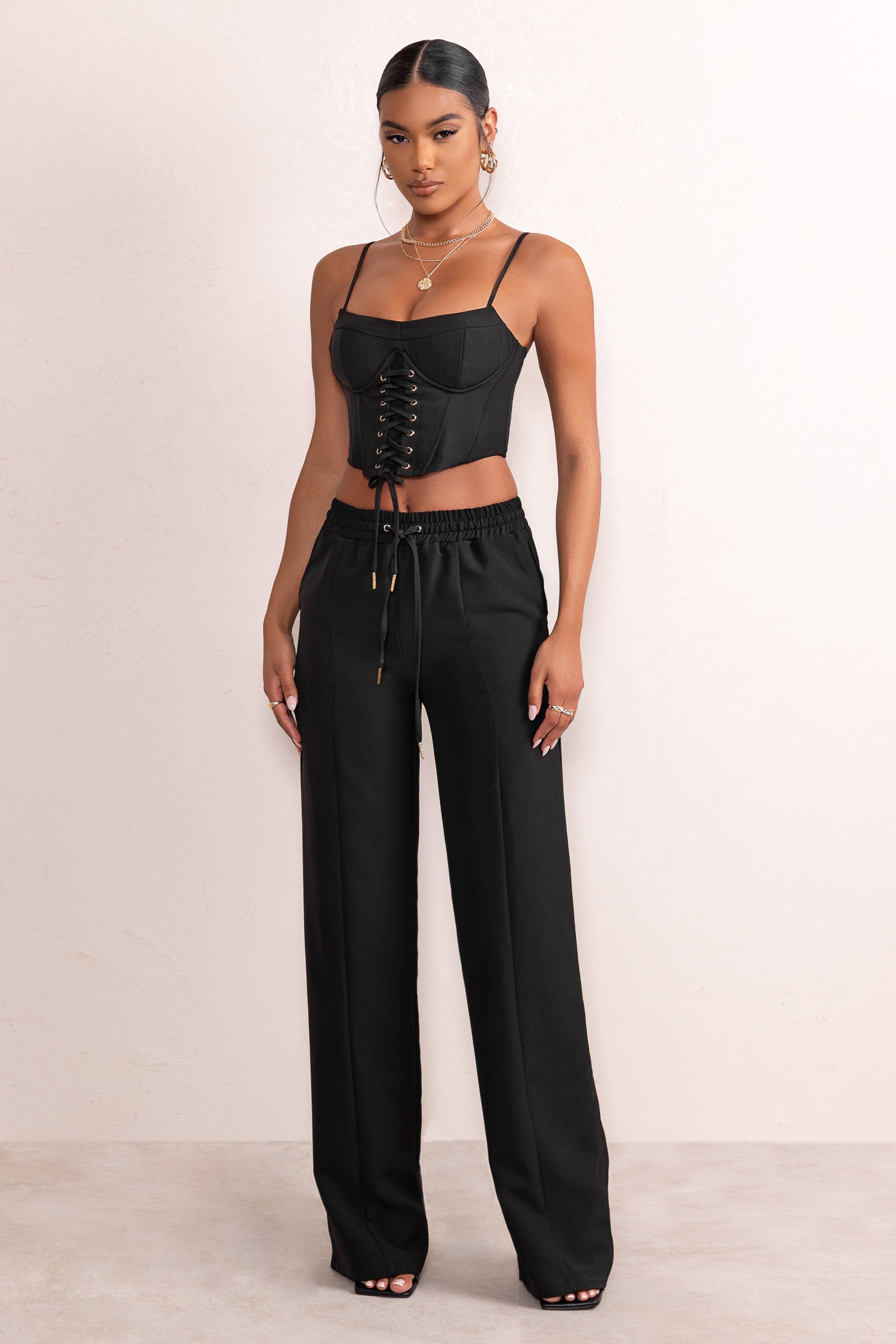 Grandiose | Black High Waist Straight Leg Trousers sold by Club L London