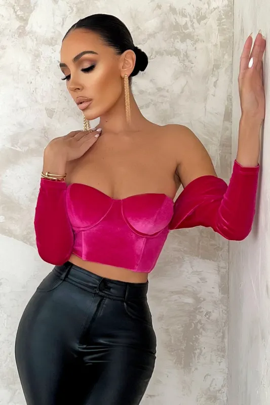 Rosebud | Fuchsia Velvet Long Sleeve Corset Top sold by Club L London
