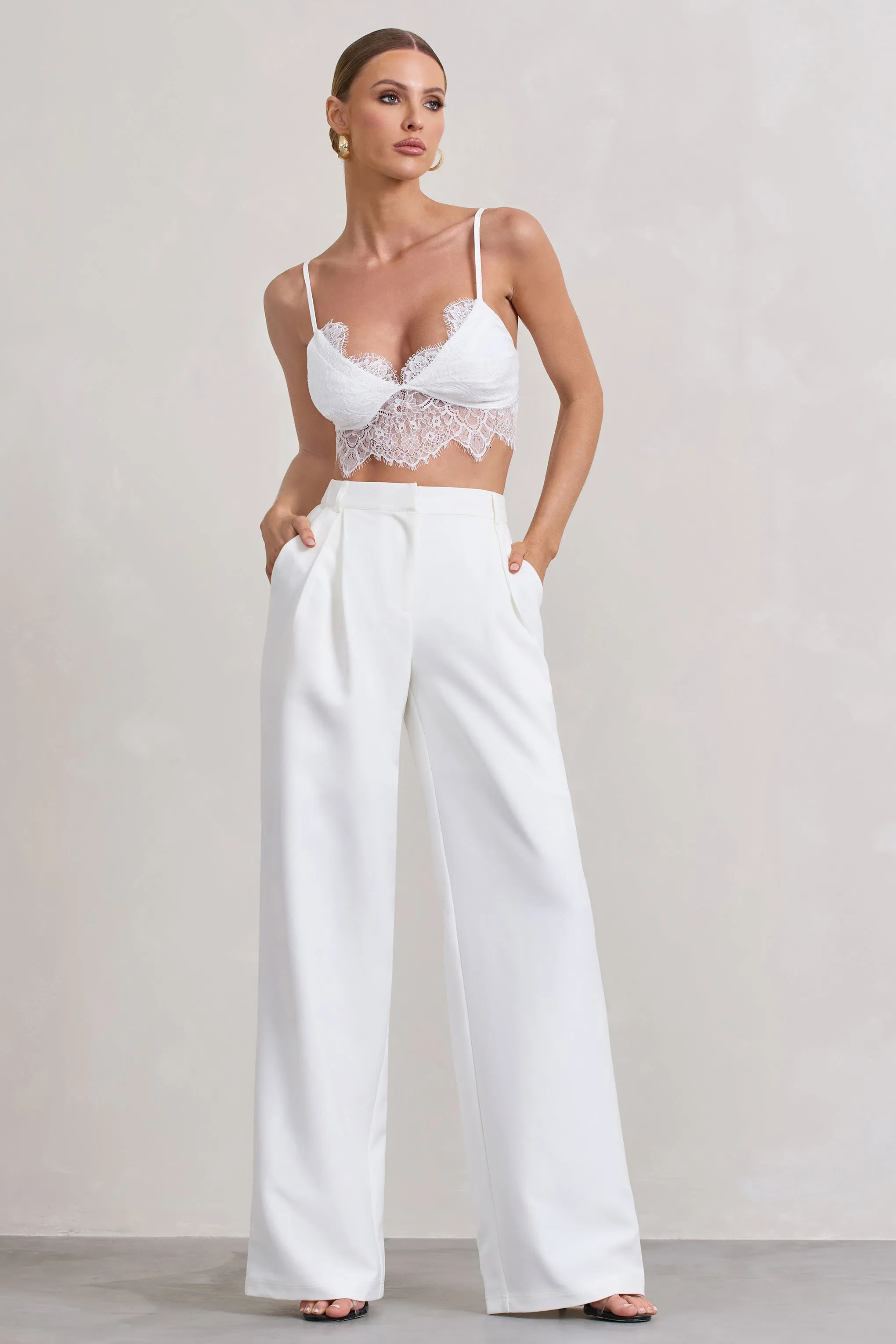 Raina | White High Waist Pleated Wide-Leg Trousers sold by Club L London