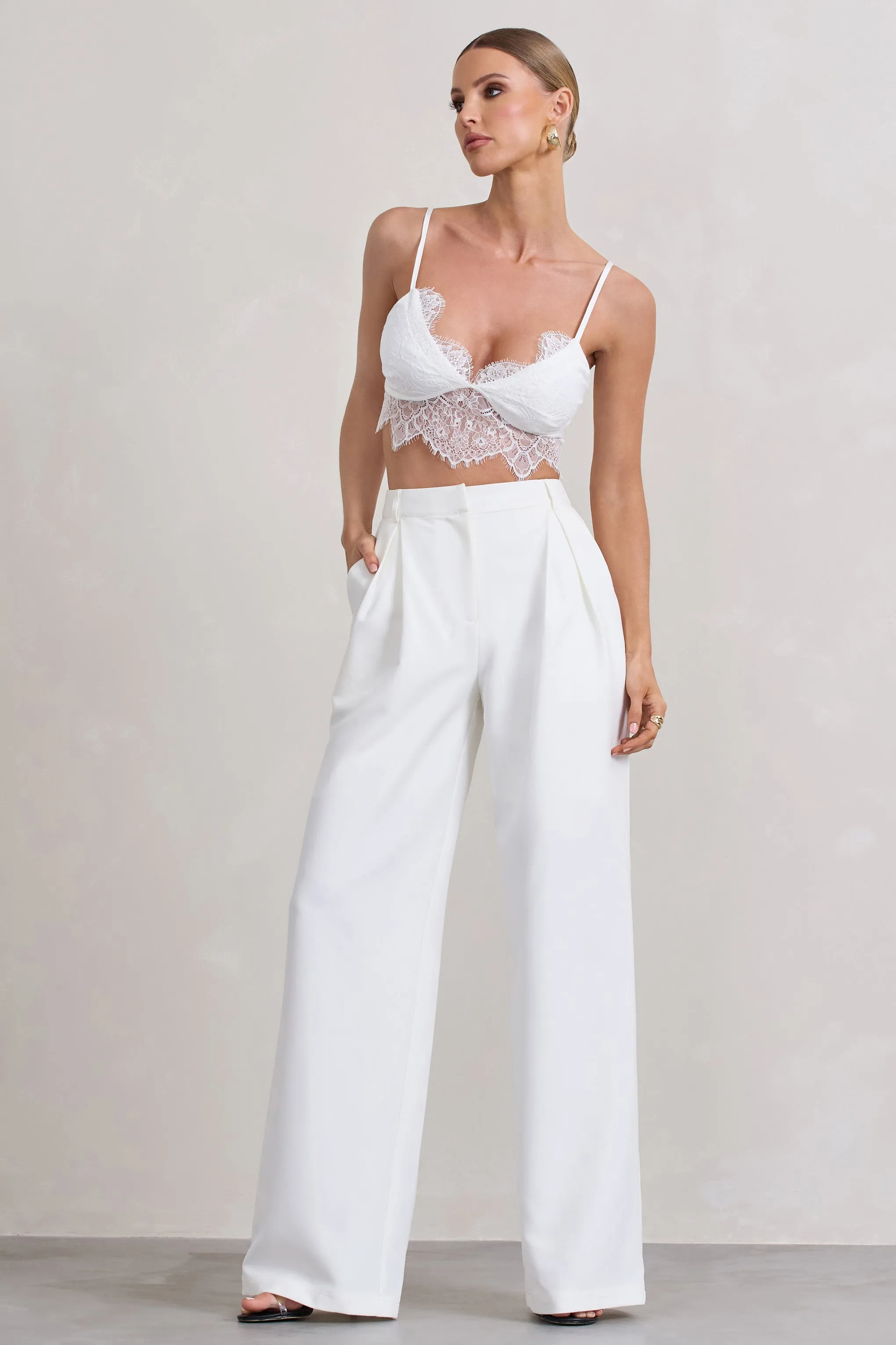 Raina | White High Waist Pleated Wide-Leg Trousers sold by Club L London product image thumbnail 5