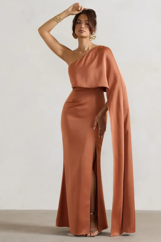Amora | Rust Satin Asymmetric Cape-Sleeve Split Maxi Dress sold by Club L London
