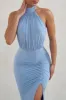 Forever Dreaming | Powder Blue Backless Halterneck Ruched Split Maxi Dress sold by Club L London