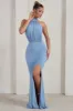 Forever Dreaming | Powder Blue Backless Halterneck Ruched Split Maxi Dress sold by Club L London
