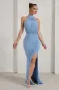 Forever Dreaming | Powder Blue Backless Halterneck Ruched Split Maxi Dress sold by Club L London