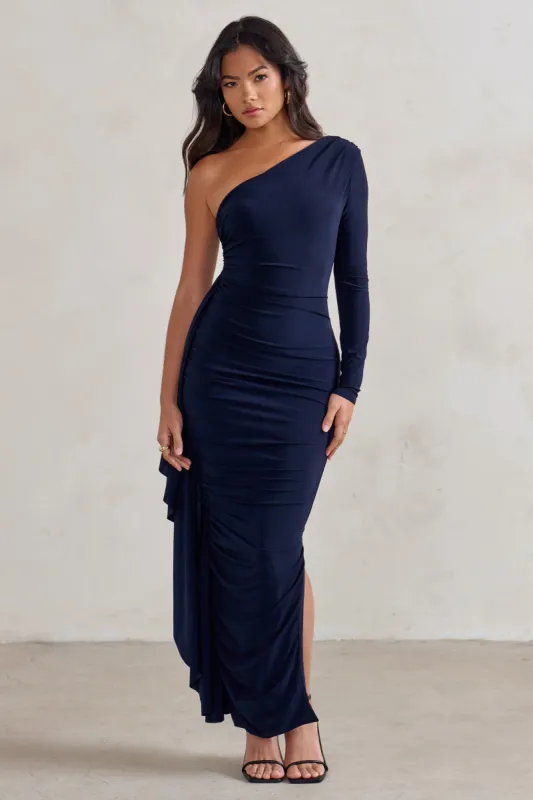 Never Let Go | Navy One Shoulder Ruched Side Detail Maxi Dress sold by Club L London