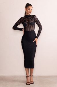 Devora | Black Lace Mesh High Neck Corset Detail Midi Dress With Long Sleeves sold by Club L London