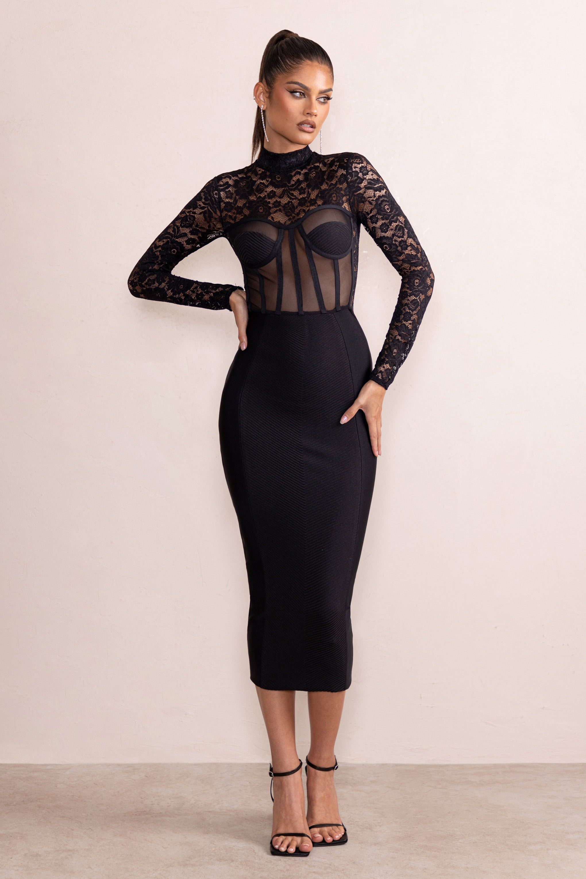 Devora | Black Lace Mesh High Neck Corset Detail Midi Dress With Long Sleeves sold by Club L London product image thumbnail 5