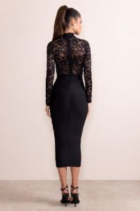 Devora | Black Lace Mesh High Neck Corset Detail Midi Dress With Long Sleeves sold by Club L London