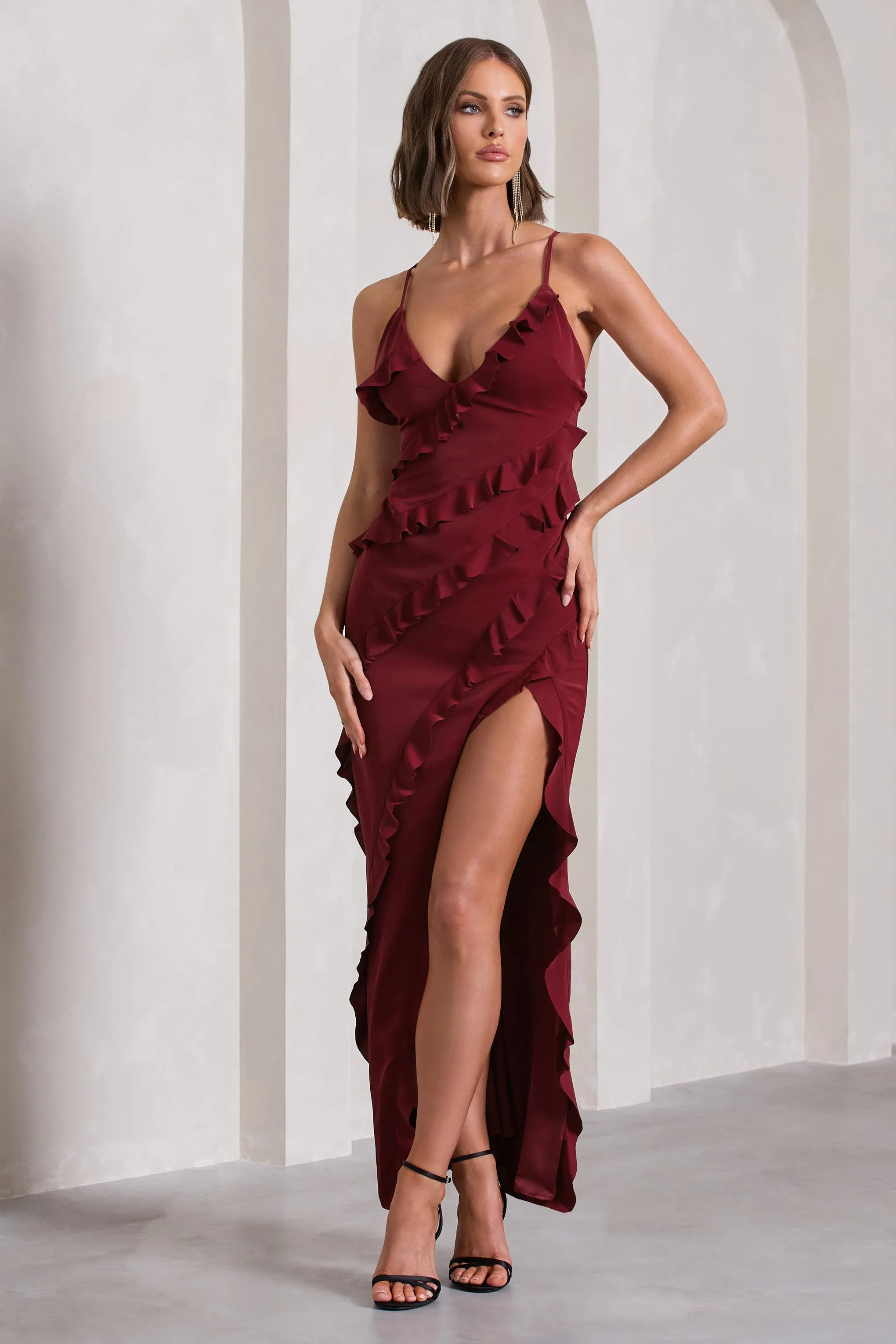 Run The World | Burgundy Sweetheart Neckline Ruffle Maxi Dress sold by Club L London product image thumbnail 4
