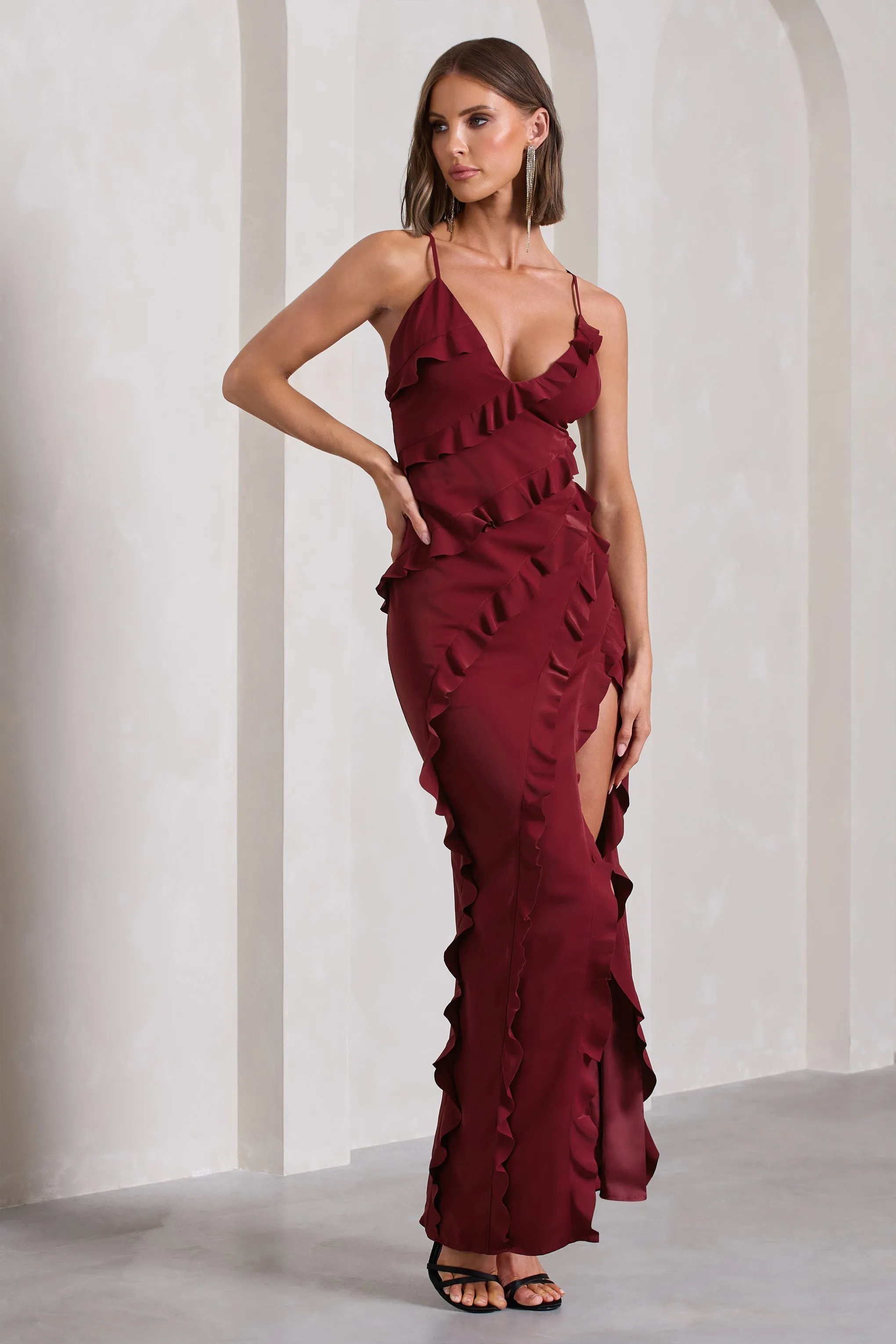Run The World | Burgundy Sweetheart Neckline Ruffle Maxi Dress sold by Club L London product image thumbnail 5