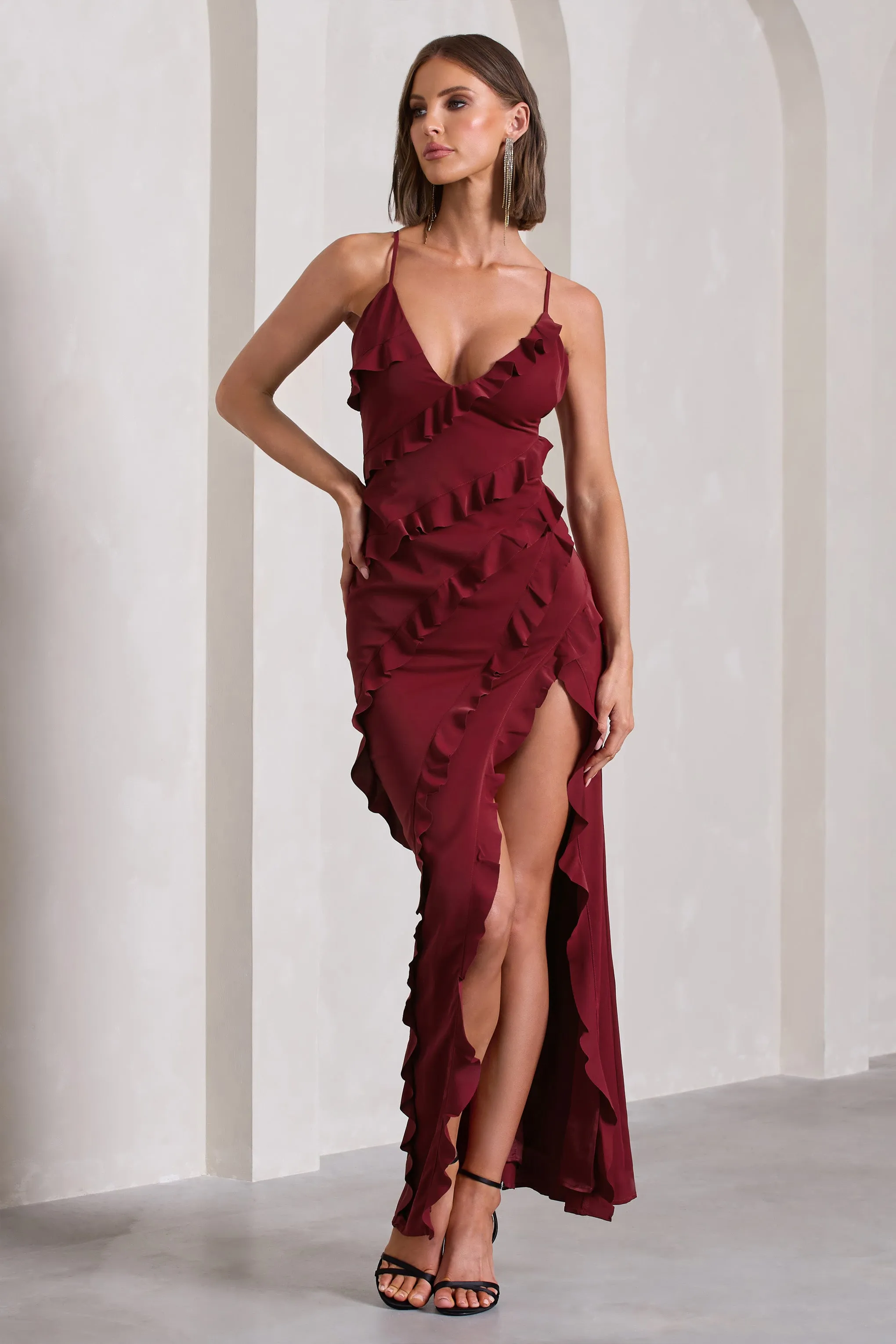 Run The World | Burgundy Sweetheart Neckline Ruffle Maxi Dress sold by Club L London product image thumbnail 2