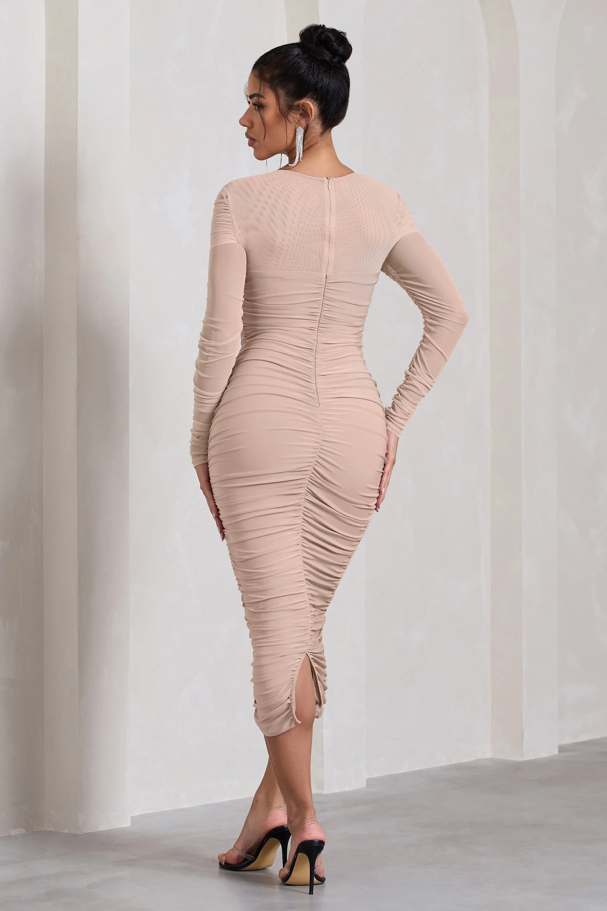 Between The Lines | Nude Ruched Mesh Long-Sleeved Bodycon Midi Dress sold by Club L London product image thumbnail 2