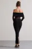 Apollo | Black Ruched Bardot Long-Sleeve Maxi Dress sold by Club L London