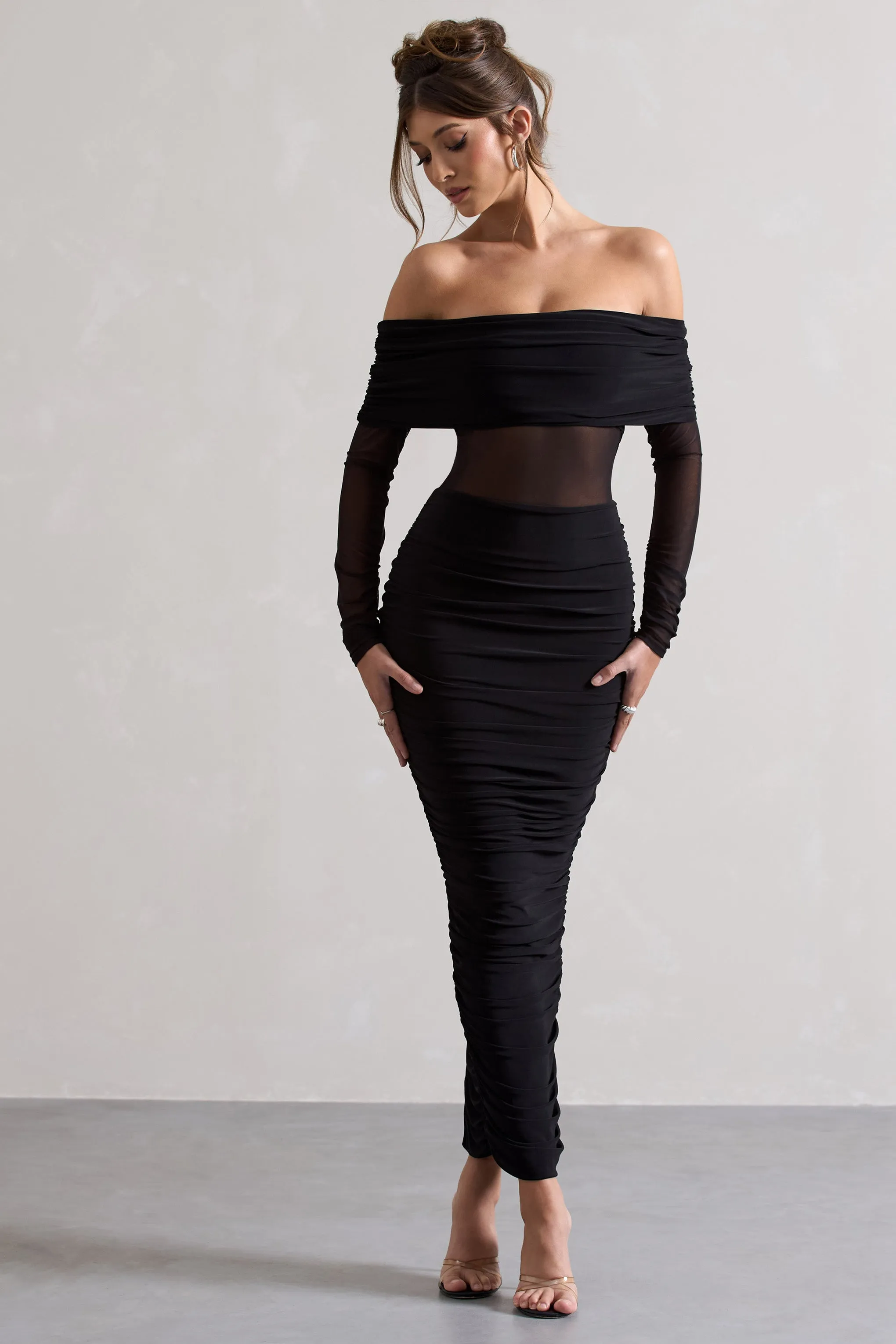Apollo | Black Ruched Bardot Long-Sleeve Maxi Dress sold by Club L London