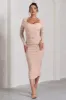 Between The Lines | Nude Ruched Mesh Long-Sleeved Bodycon Midi Dress sold by Club L London