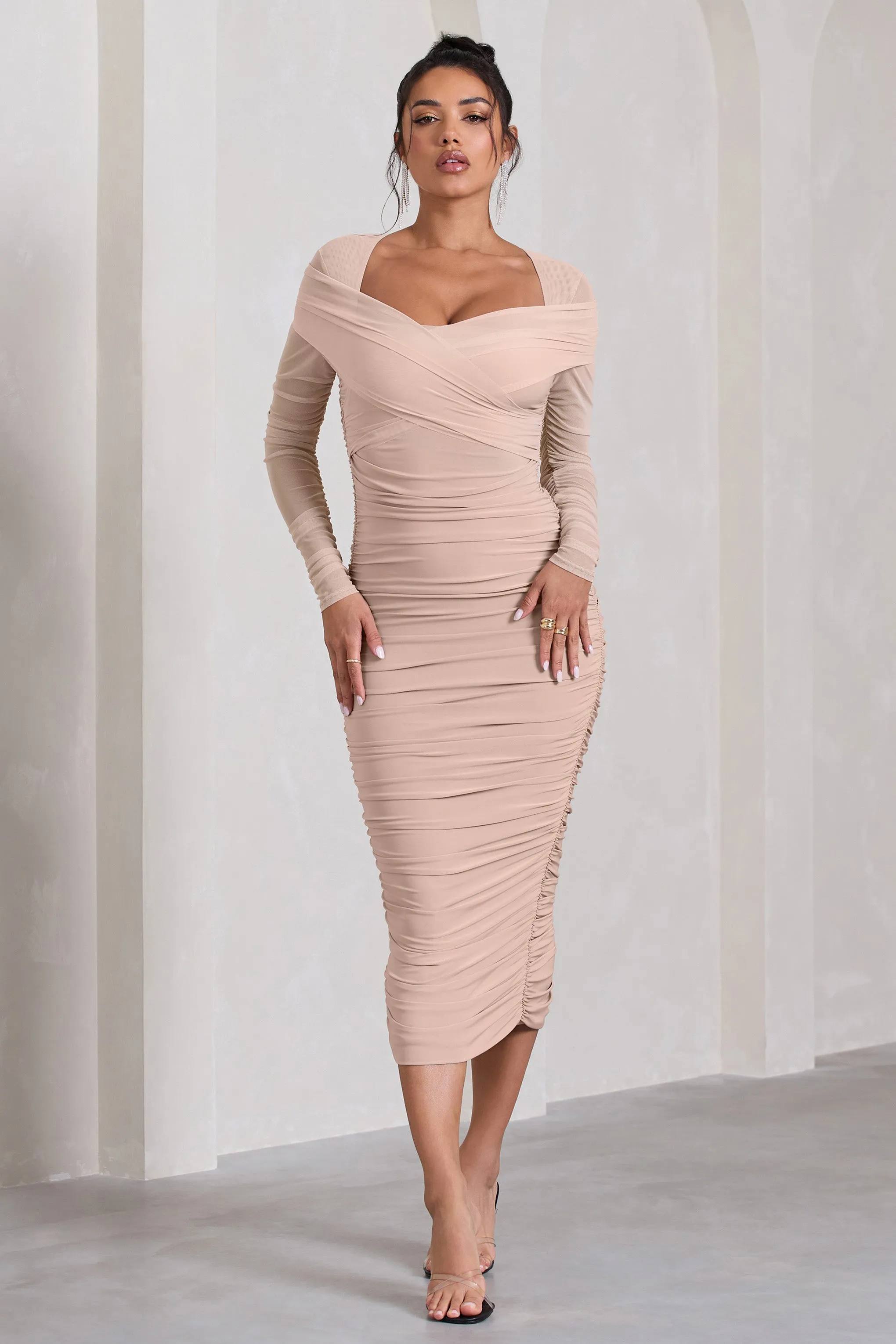 Between The Lines | Nude Ruched Mesh Long-Sleeved Bodycon Midi Dress sold by Club L London product image thumbnail 4