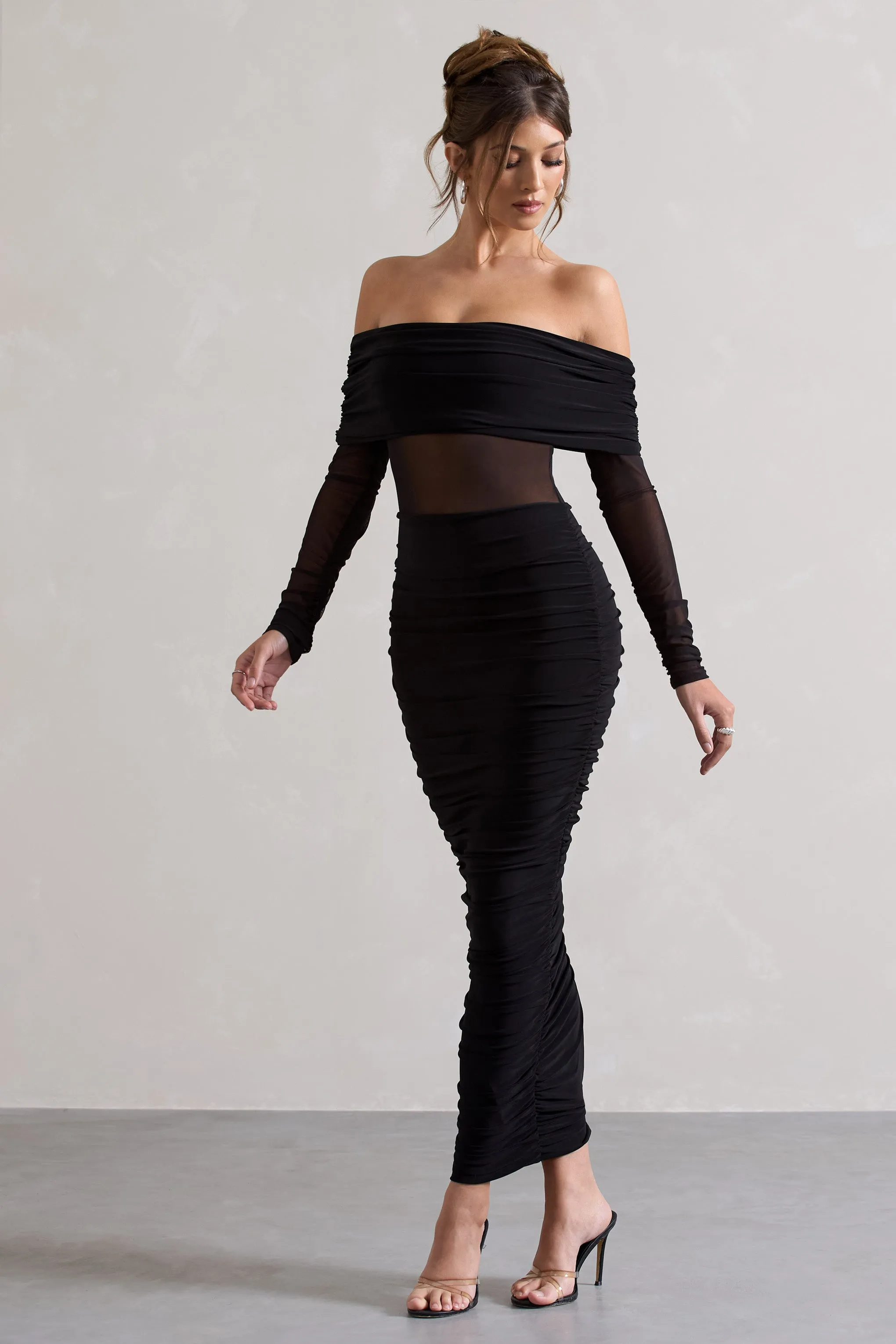 Apollo | Black Ruched Bardot Long-Sleeve Maxi Dress sold by Club L London product image thumbnail 5