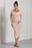 Between The Lines | Nude Ruched Mesh Long-Sleeved Bodycon Midi Dress sold by Club L London