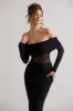 Apollo | Black Ruched Bardot Long-Sleeve Maxi Dress sold by Club L London