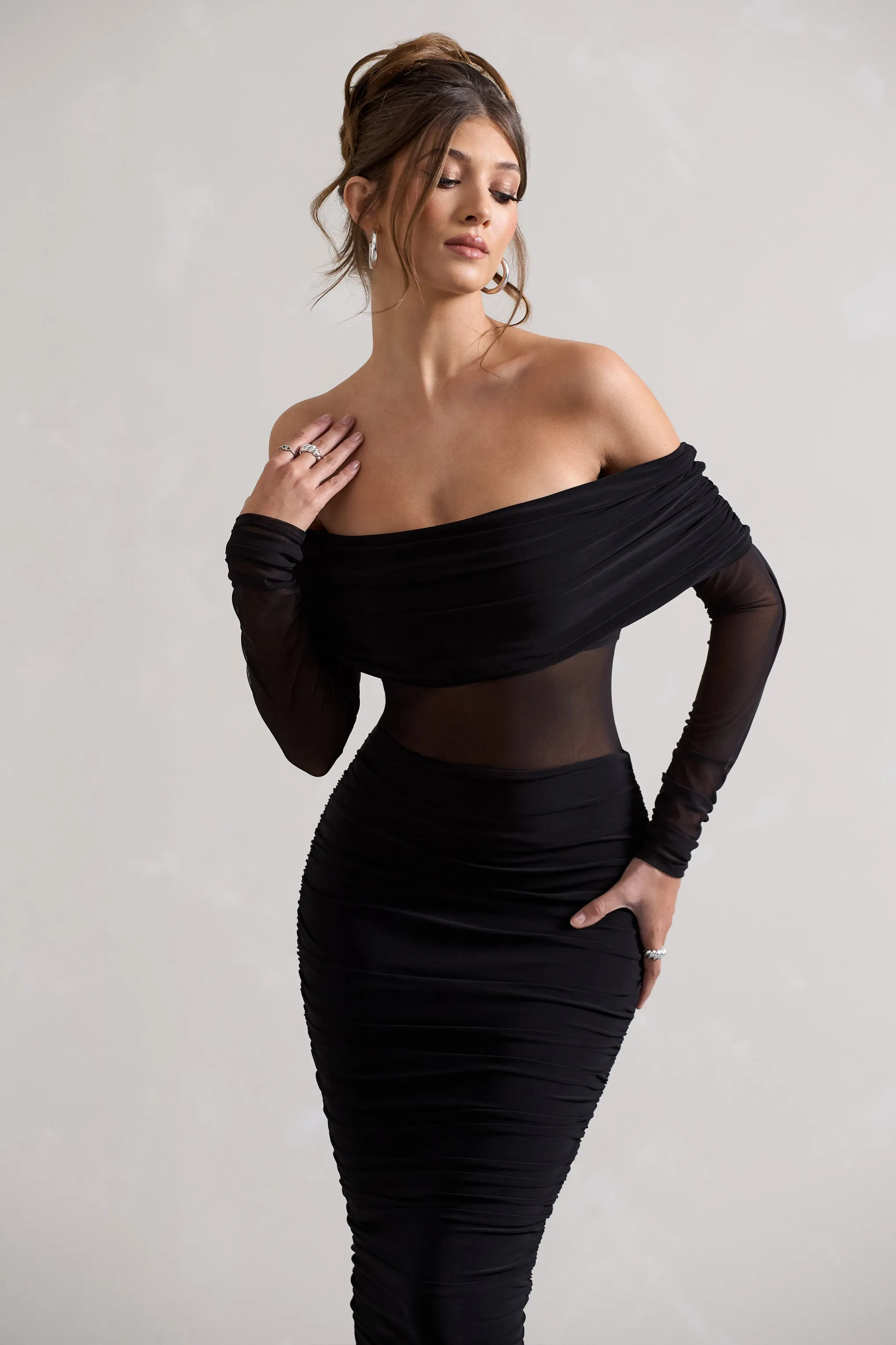 Apollo | Black Ruched Bardot Long-Sleeve Maxi Dress sold by Club L London product image thumbnail 3
