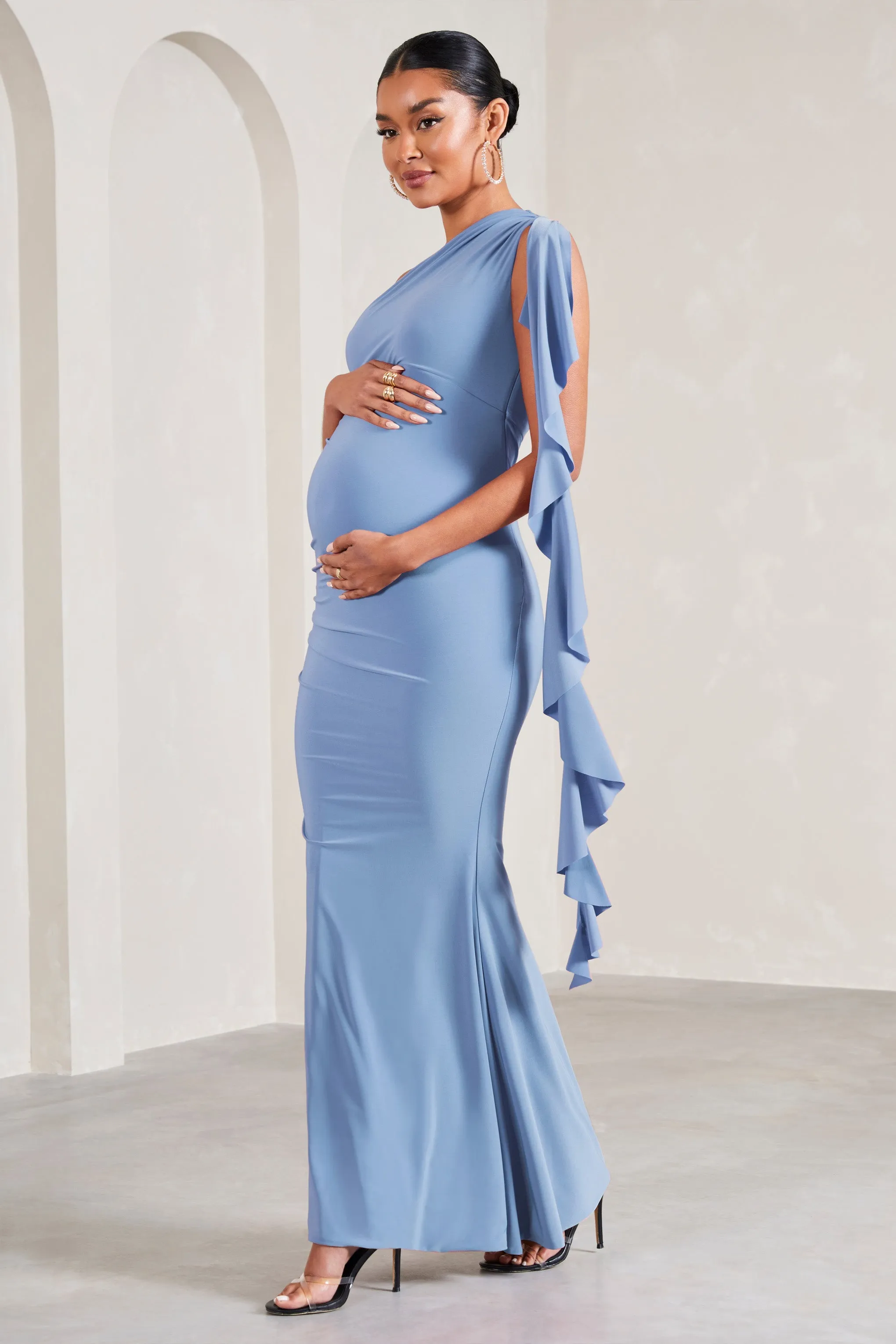 Rosalie | Cornflower Blue One-Shoulder Maternity Maxi Dress With Ruffles sold by Club L London product image thumbnail 4