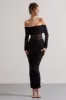 Apollo | Black Ruched Bardot Long-Sleeve Maxi Dress sold by Club L London