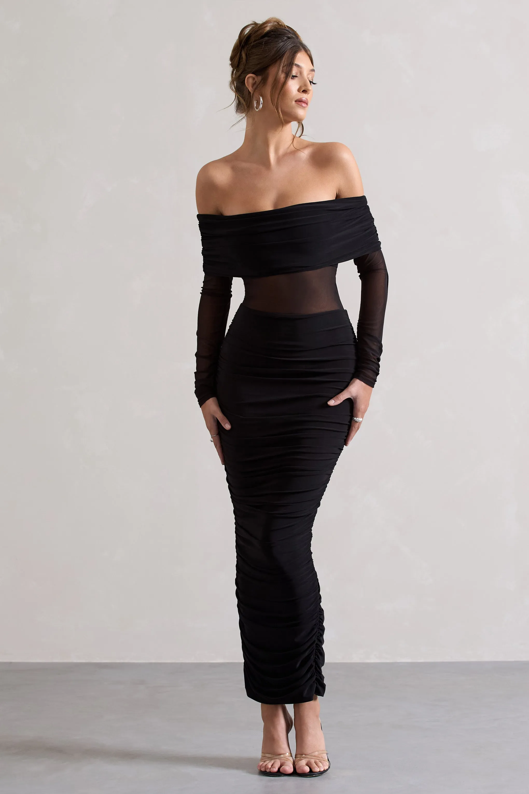 Apollo | Black Ruched Bardot Long-Sleeve Maxi Dress sold by Club L London product image thumbnail 4